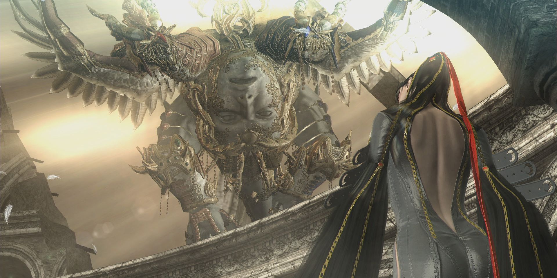 Fortitudo in the background and Bayonetta in the foreground both looking at each other in the colosseum