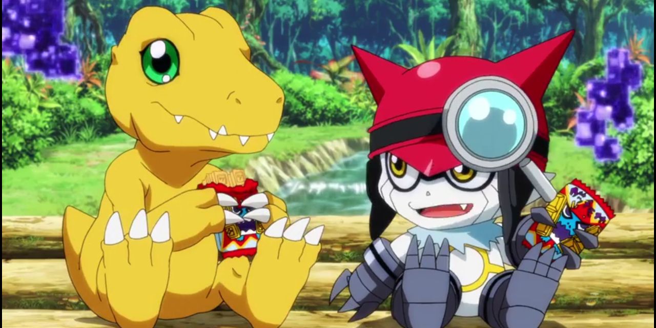 Agumon and Gatchmon eating in Digimon