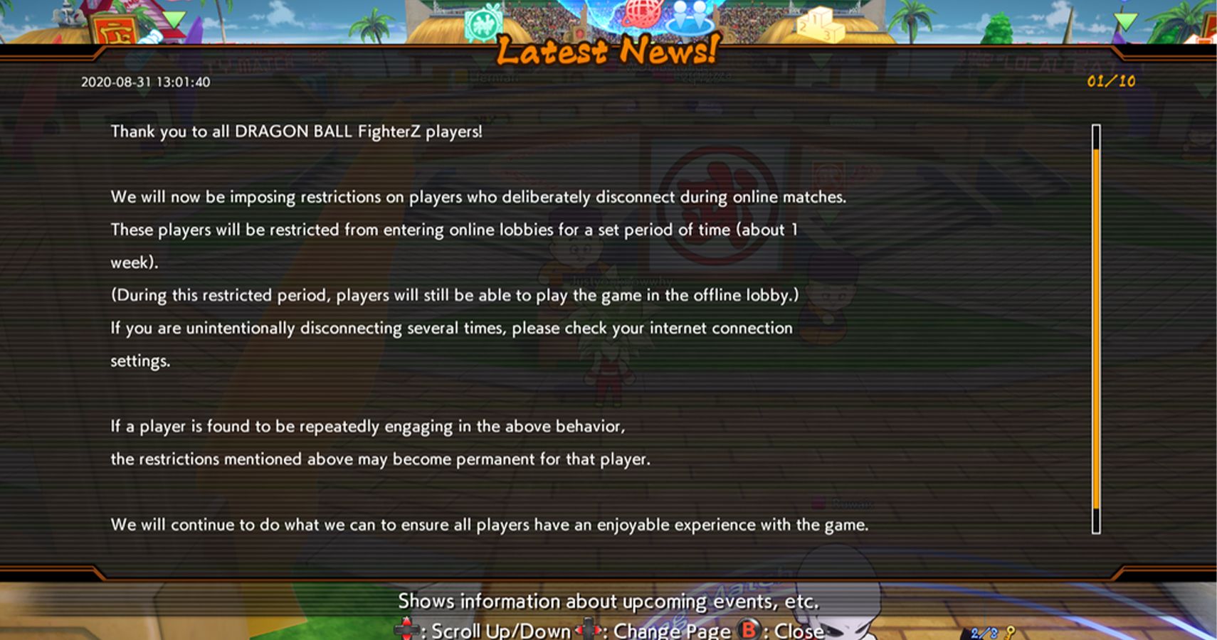 Dragon Ball Fighterz new in game ban message warning