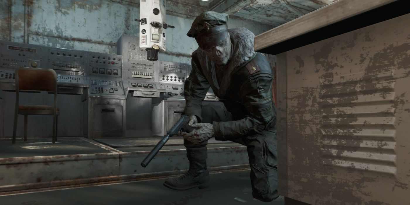 fallout 4 commander zao crouched with pistol in chinese submarine