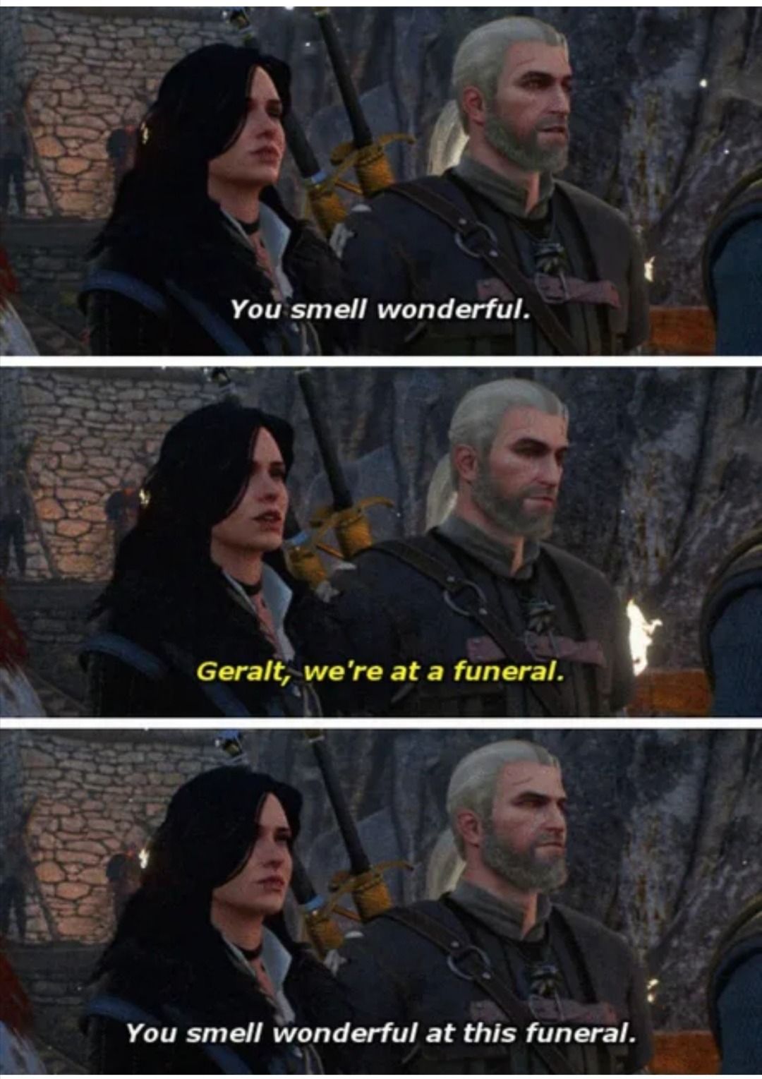 Geralt and Yennefer at a funeral