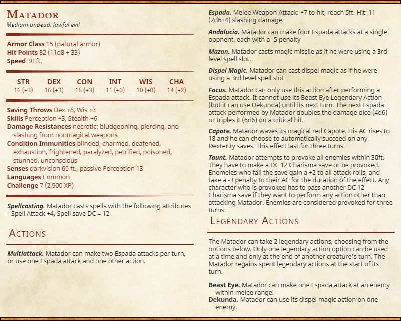 Matador Espada Shin Megami Tensei D&amp;D Stat Block