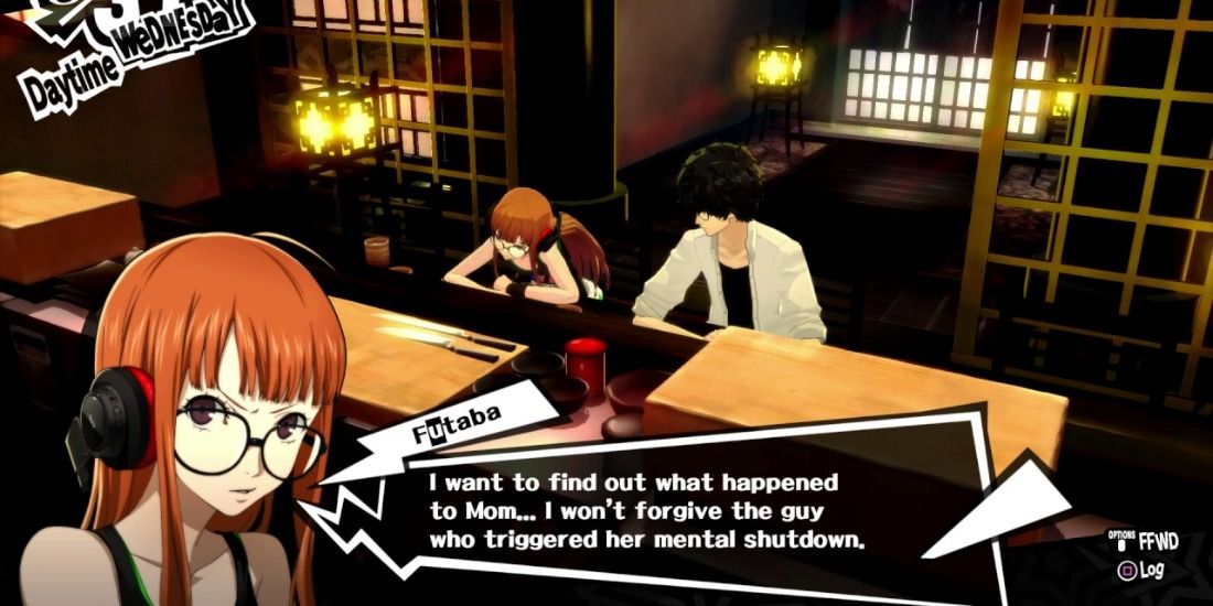 Conversing with Futaba in a sushi restaurant in Persona 5