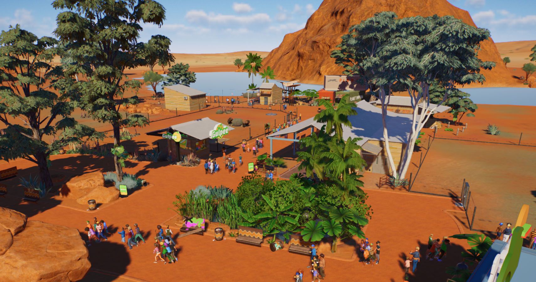 timed scenario starting zoo with minimal exhibits and foliage.