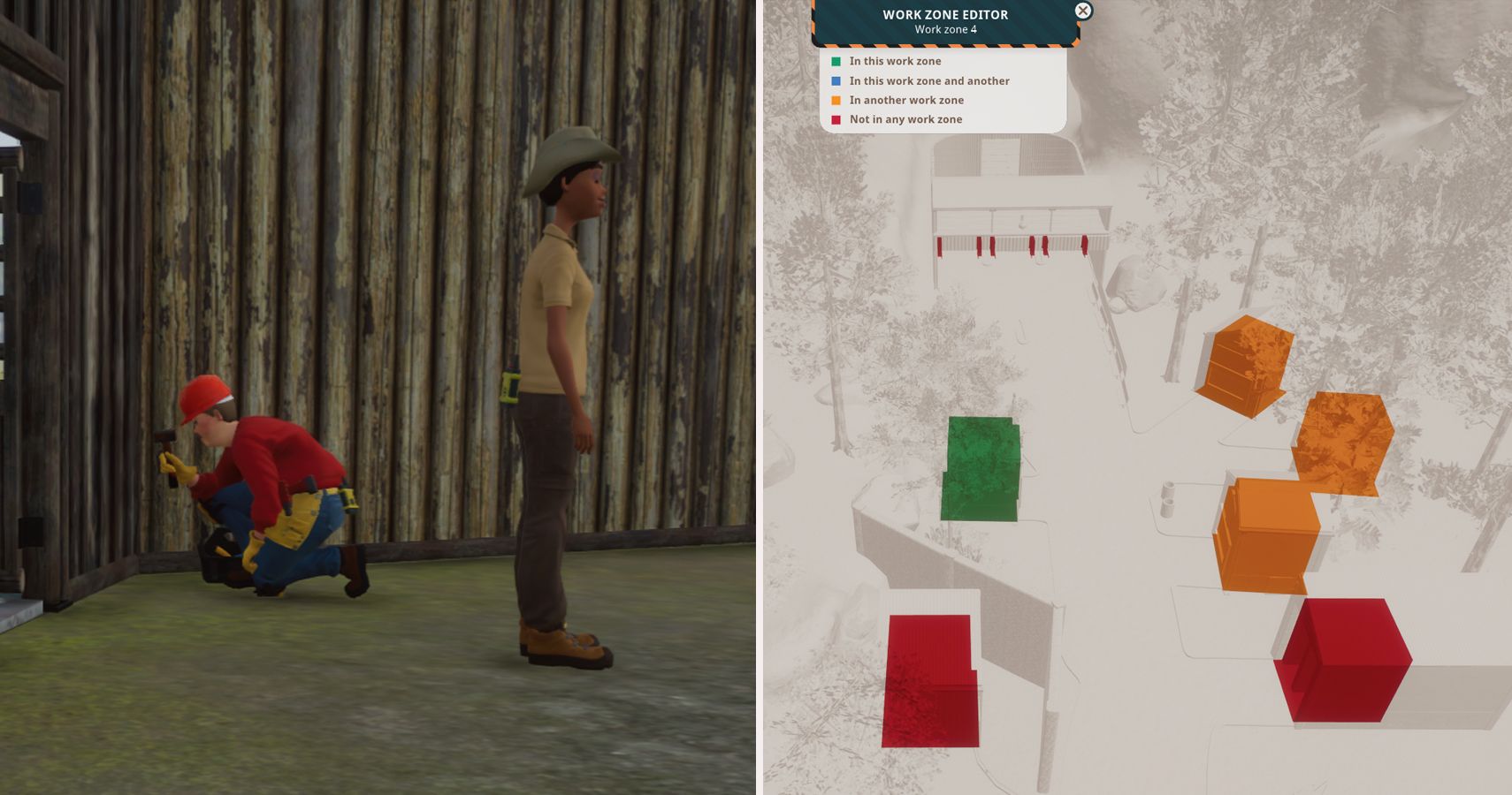 Split image, two workmen on one side and a workzone screen on the other.