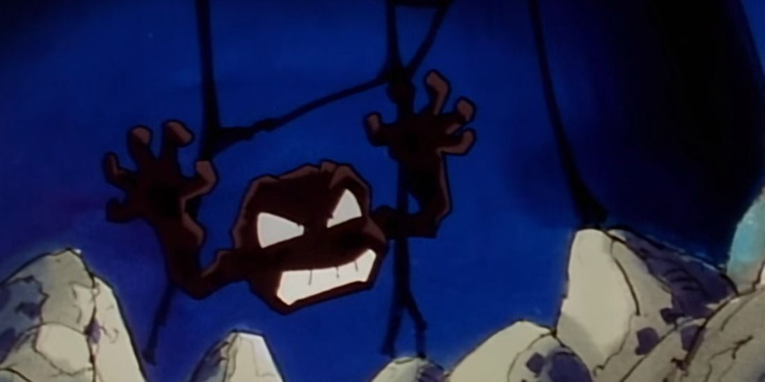 a fight against gym leader brock's geodude in the anime