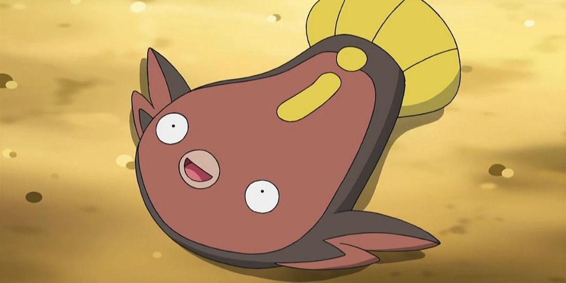 Stunfisk from the Pokemon Anime greeting its trainer