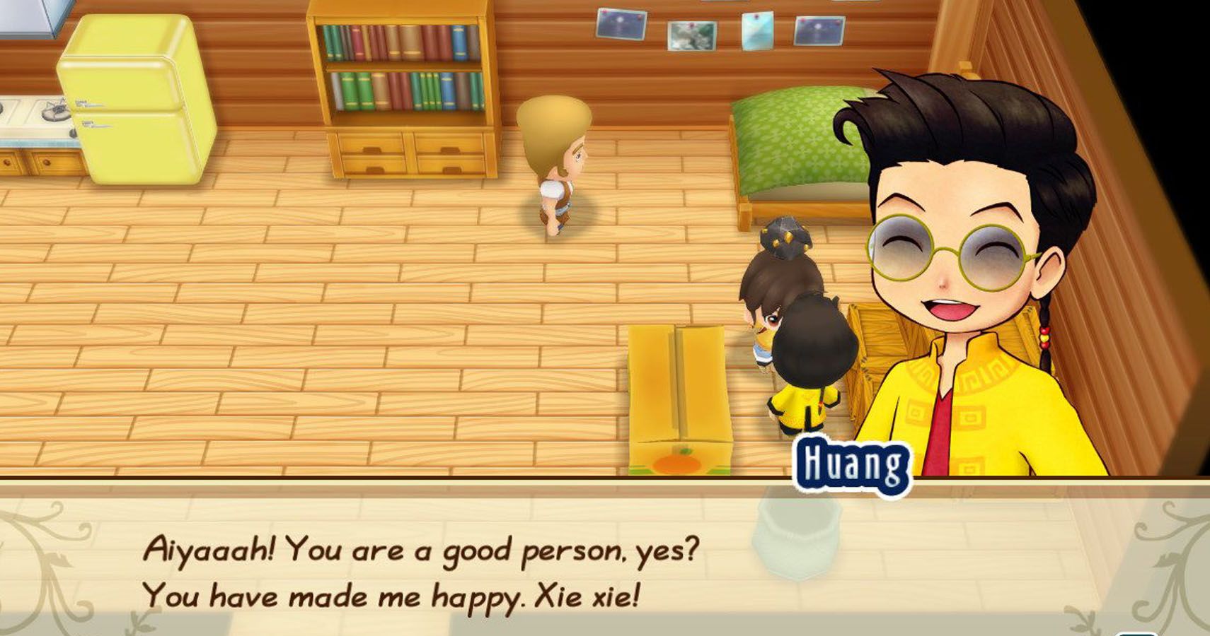 Naomi in Kai's store giving him some gold ore.