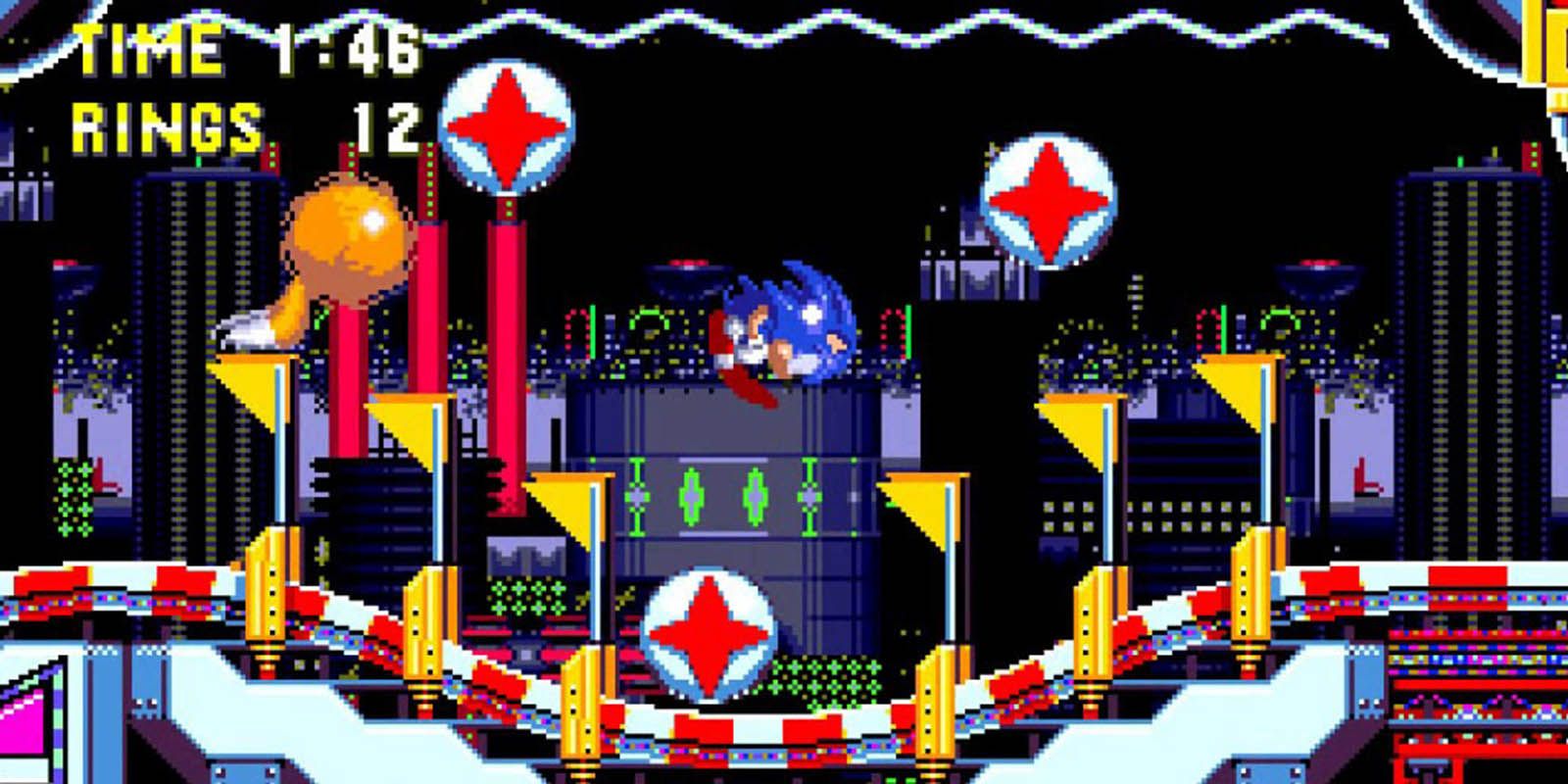 Sonic and tails running past pinball bumpers in carnival night.