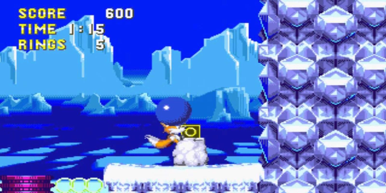 Sonic and tails by an icey cliff in icecap.