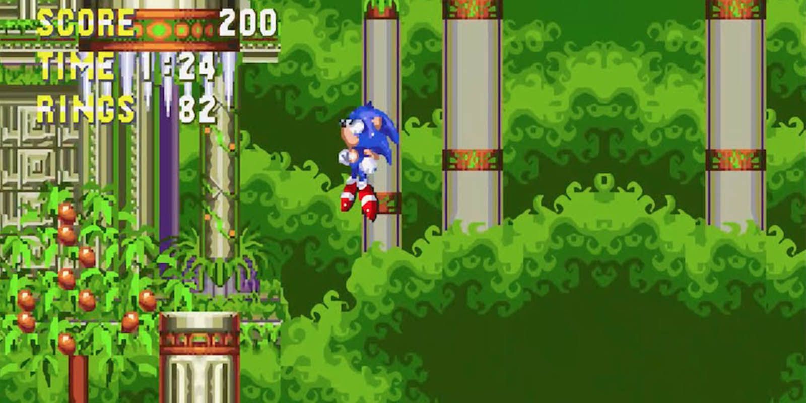 Sonic jumping onto a pillar in marble garden