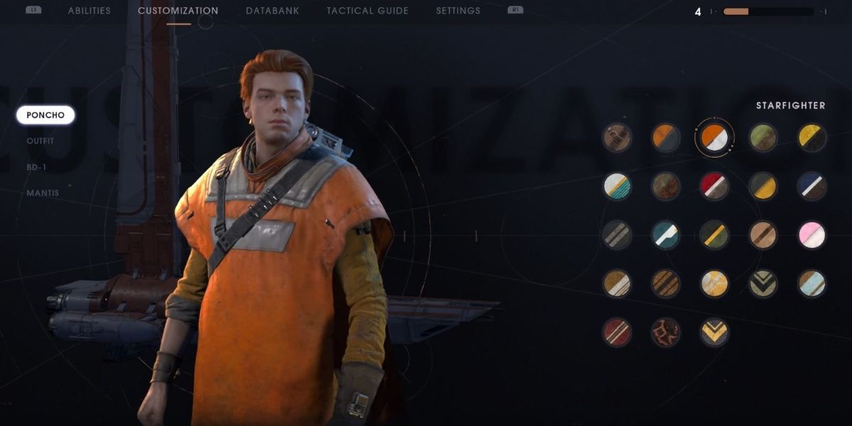 A screenshot of the poncho menu showing Cal wearing the Starfighter Poncho.