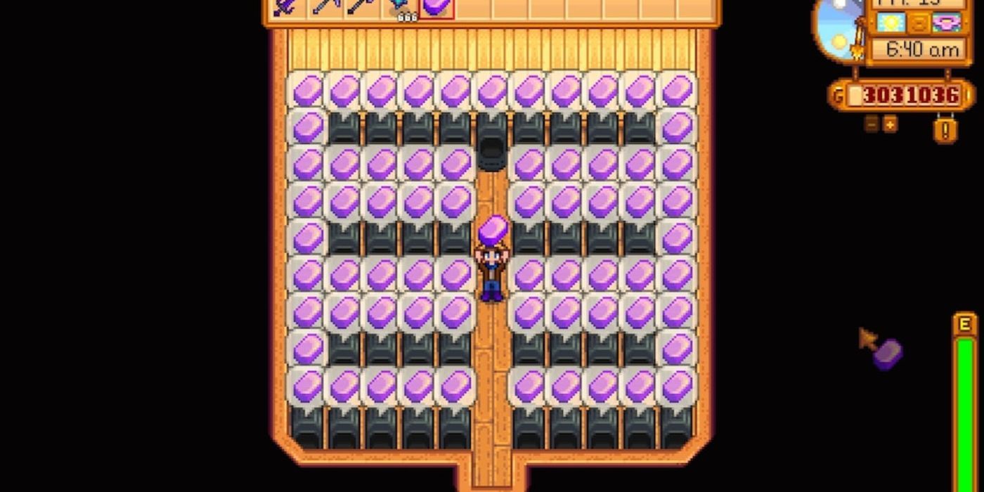 A Stardew Valley standing in a shed with tons of iridium bars being done in the furnace. 