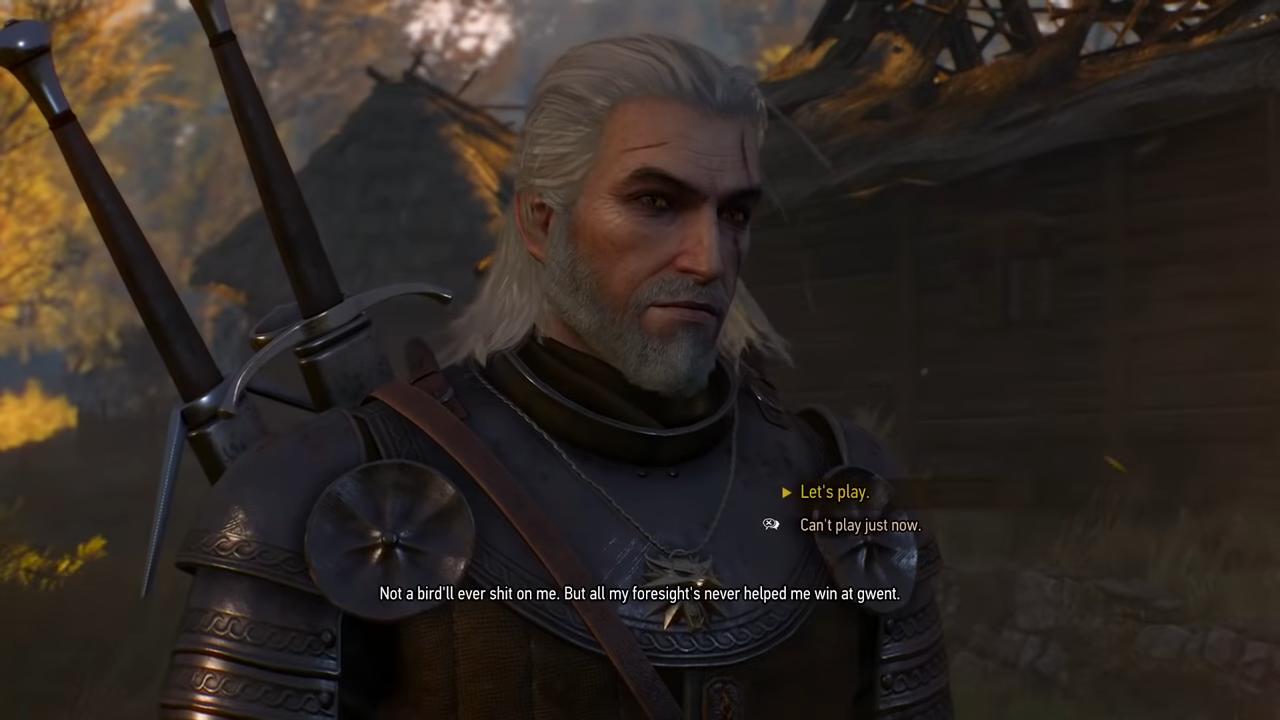 The Witcher 3 Geralt speaking to NPC about playing Gwent card game