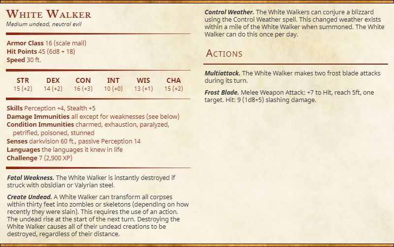 White Walker Dungeons &amp; Dragons Stat Block