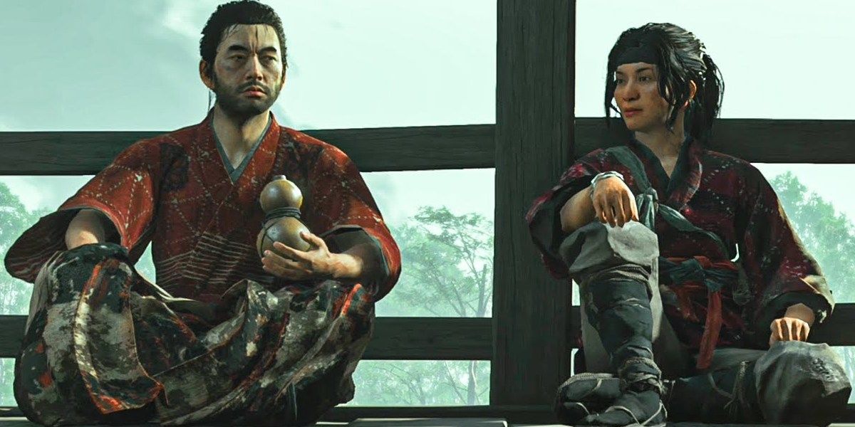 Jin Sakai sitting next to Yuna in Ghost of Tsushima