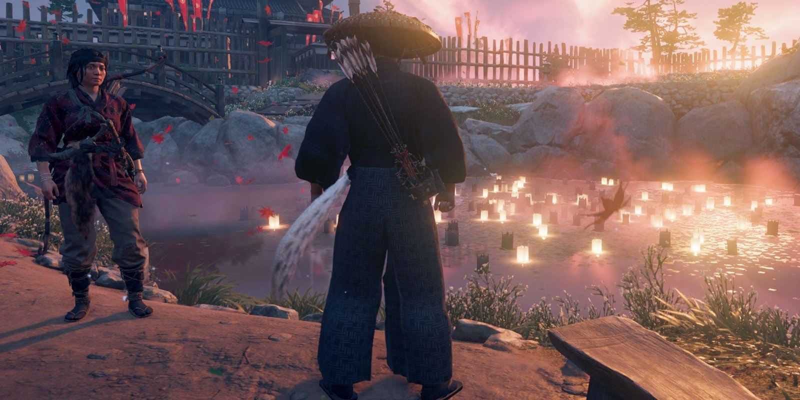 Yuna and Jin Sakai near pond in Ghost of Tsushima