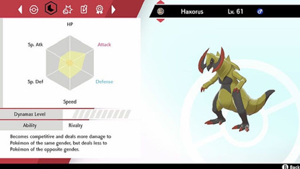 A Haxorus' status screen in Pokémon Sword & Shield, showing its EVs