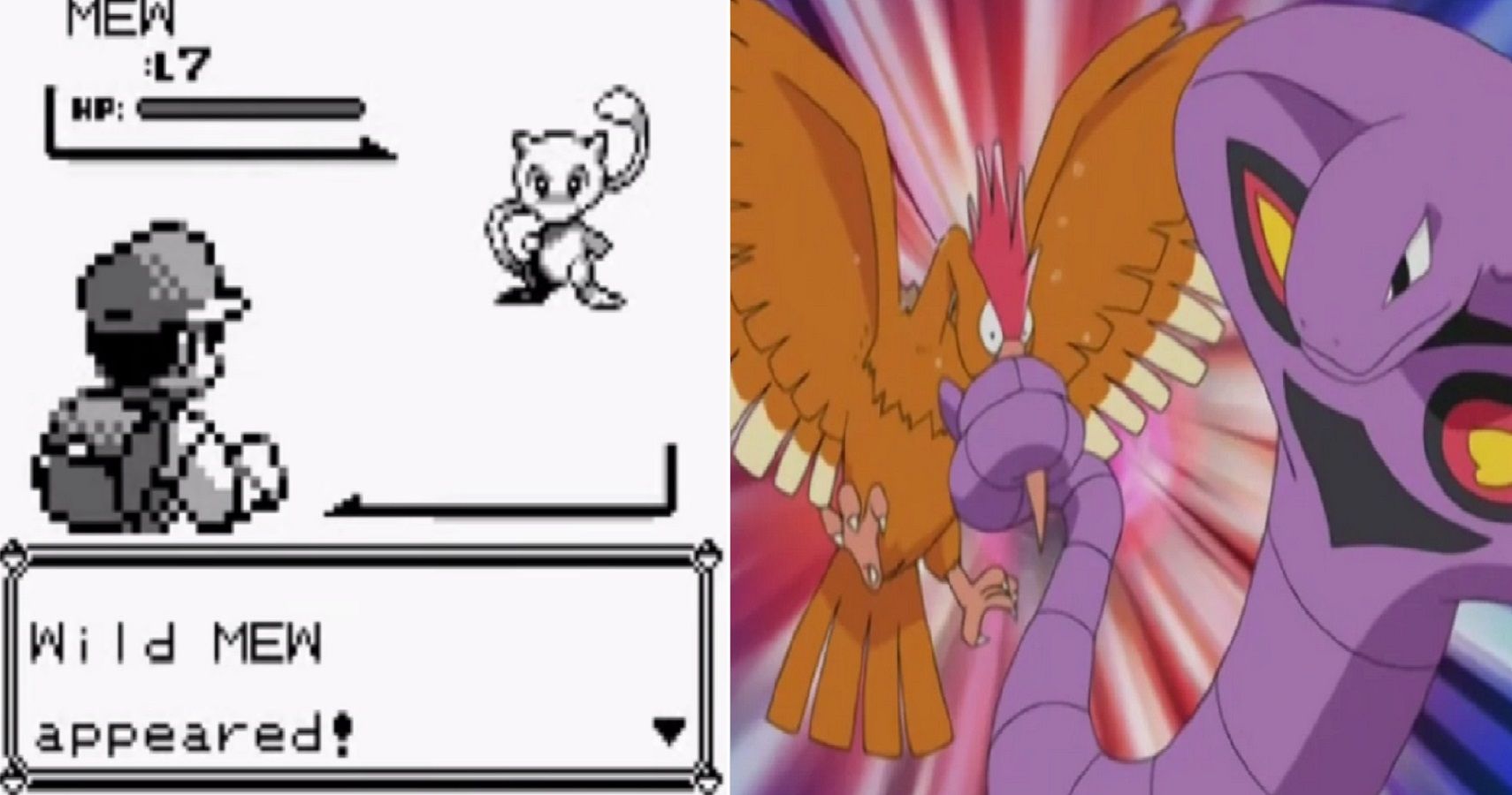 A glitched Mew encounter in Pokémon Red & Blue and Arbok using Wrap on Fearow