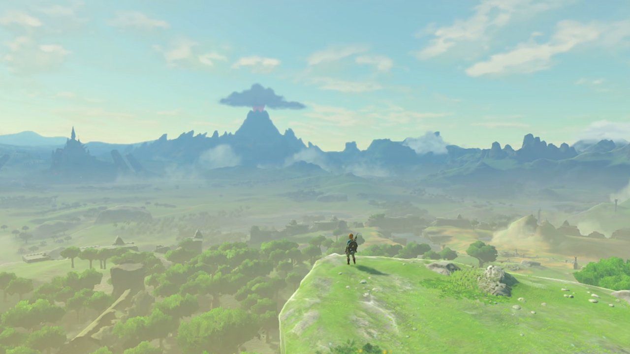 Link looks over the fields of Hyrule, facing toward Death Mountain.