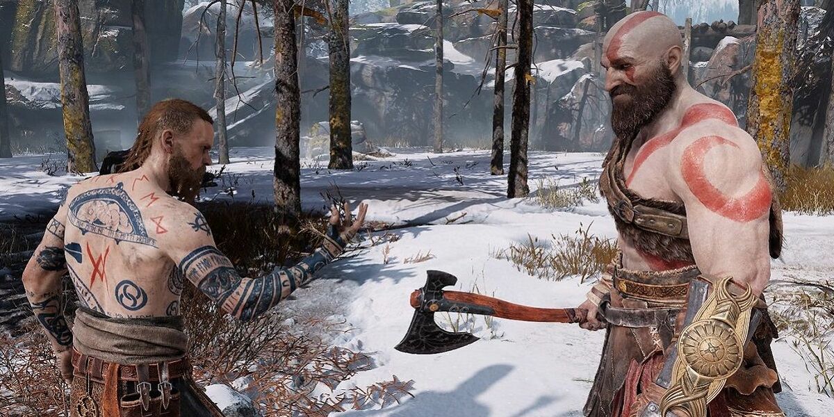 Kratos holding axe facing Baldur