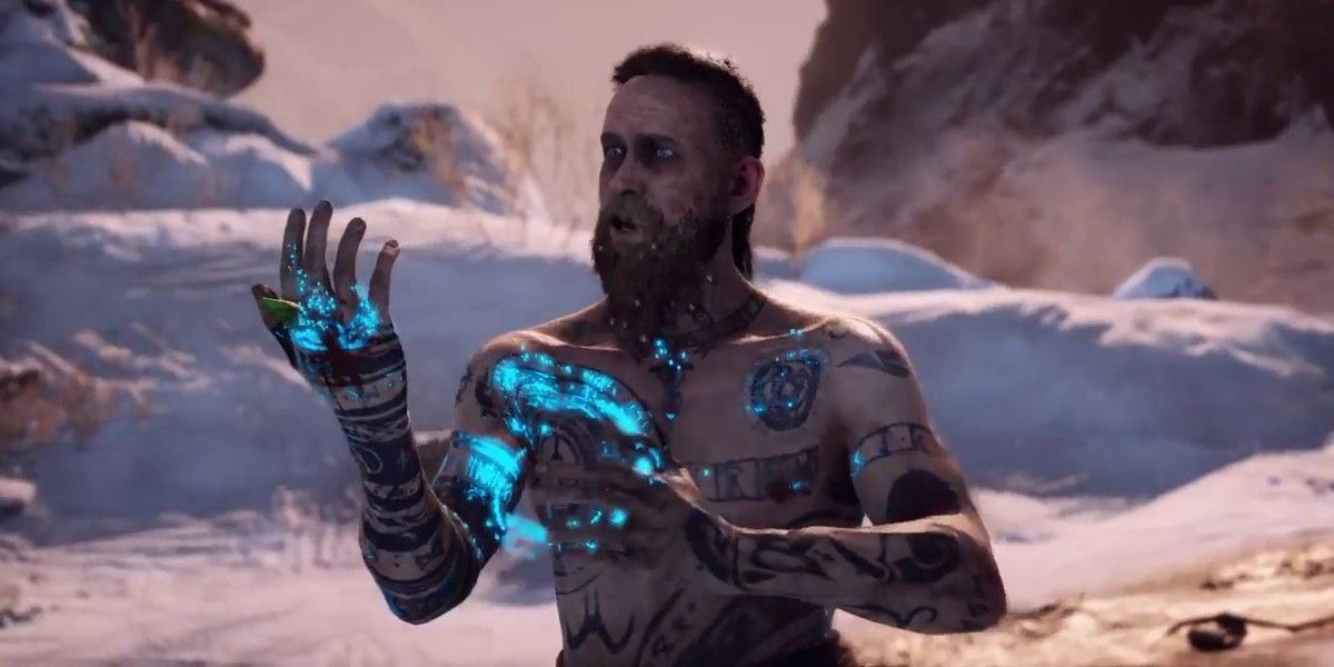 Baldur glowing blue while raising hand