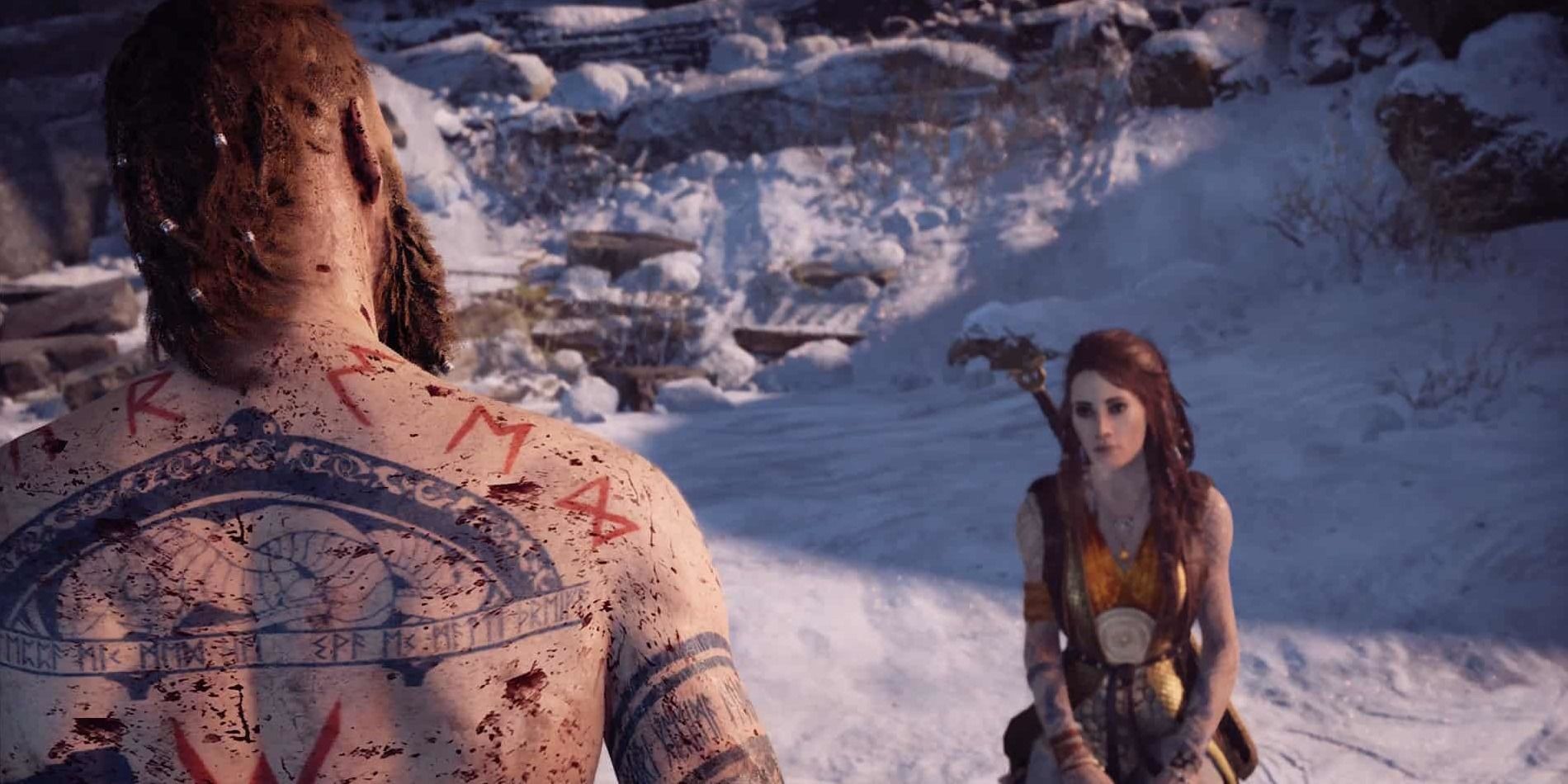 Baldur looking down on Freya in the snow