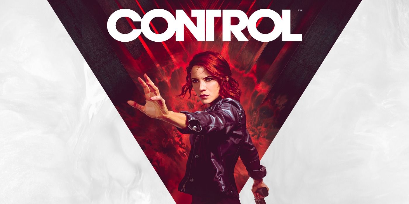 The cover art for Control with Jesse Faden holding out her hand and holding her service weapon amid a red and white background.