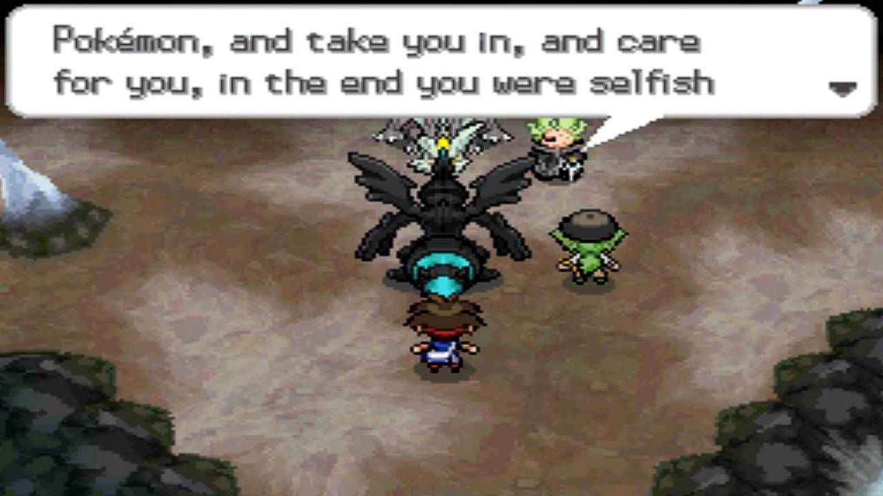 The player and N talk to Ghetsis in front of Zekrom. 