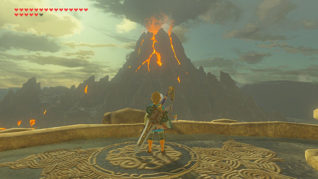 Link views the looming Death Mountain from another region in Breath of the Wild.