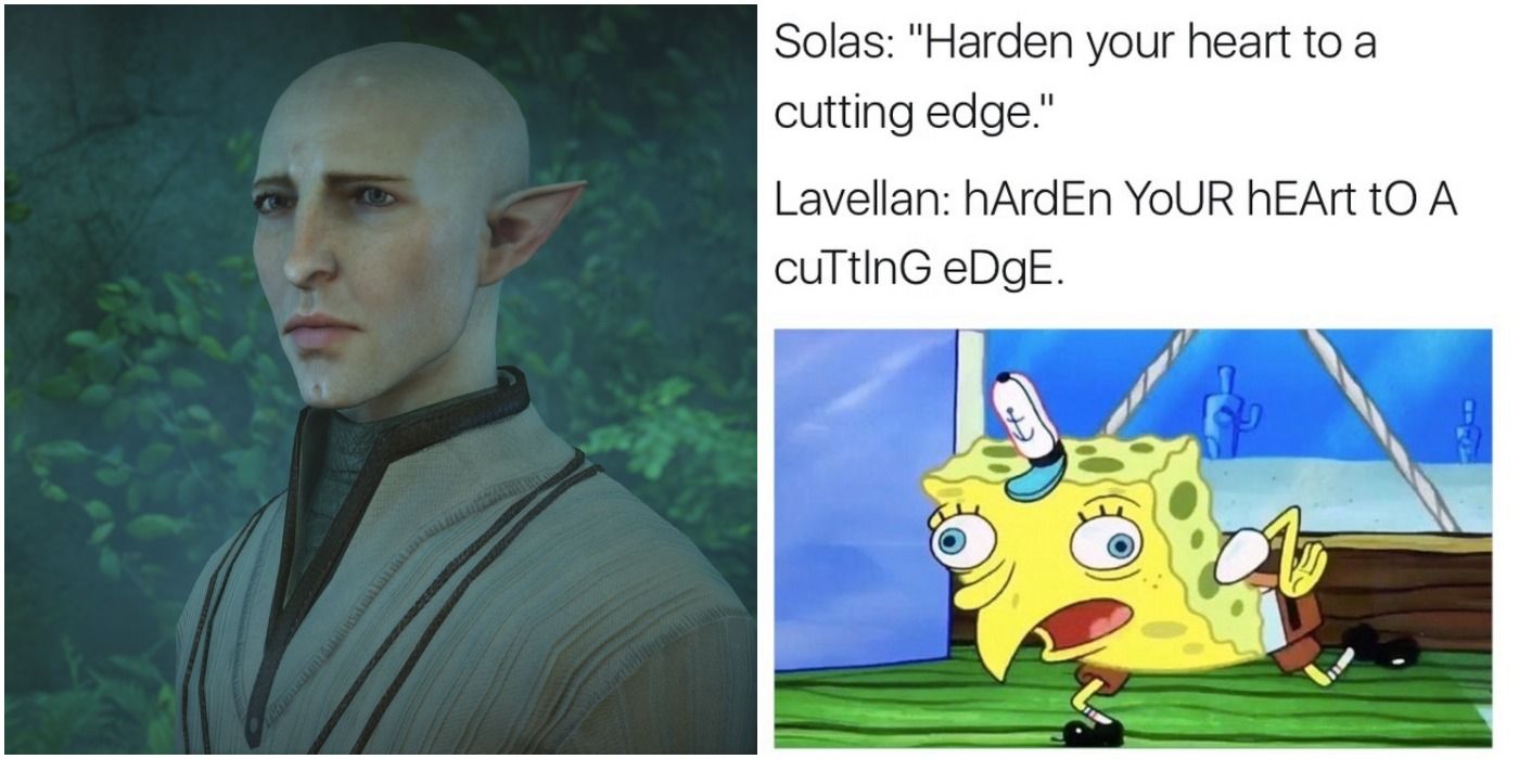image of Dragon Age character Solas looking sad next to Spongebob meme