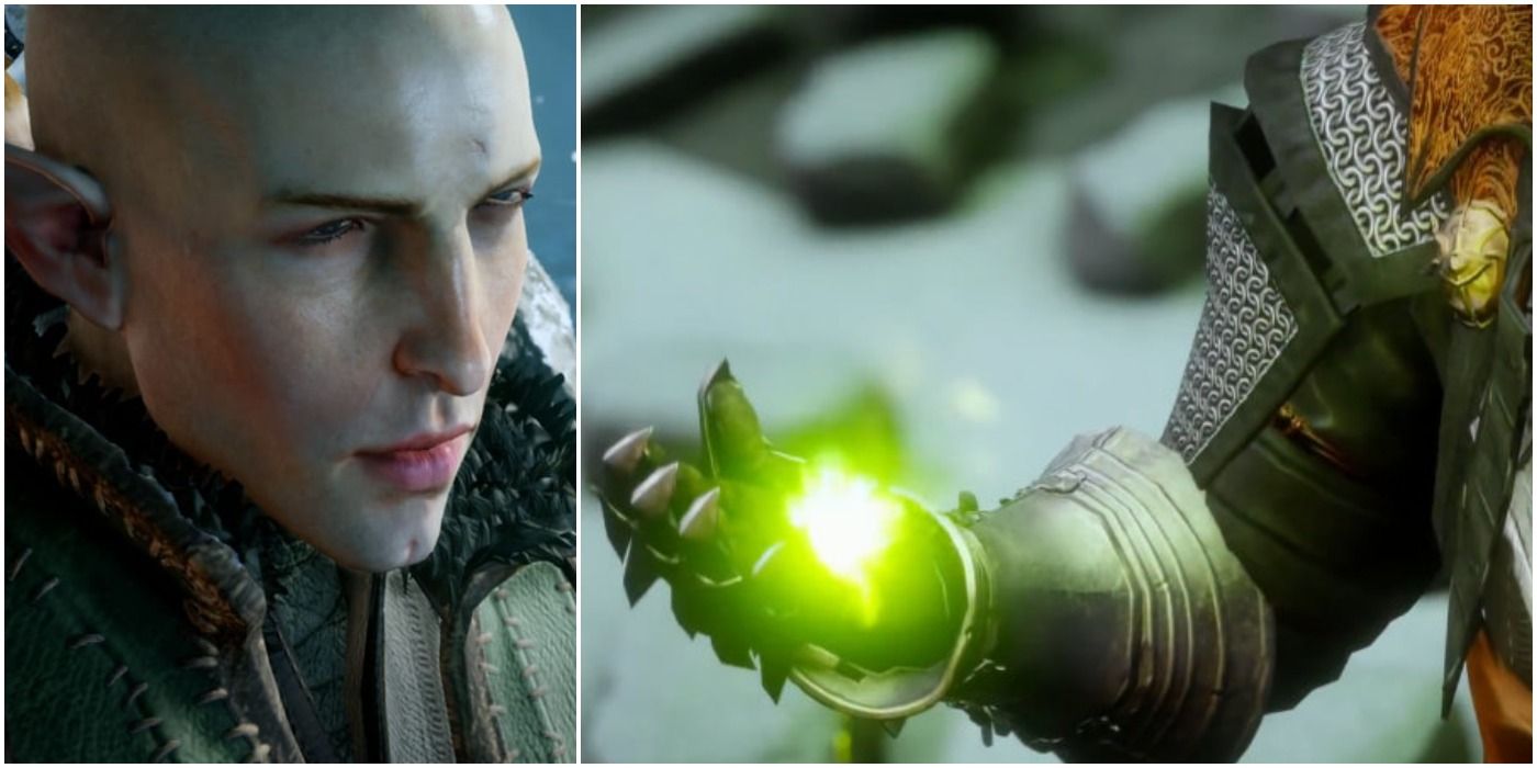 image of Dragon Age character Solas looking at the Inquisitor's Rift Hand