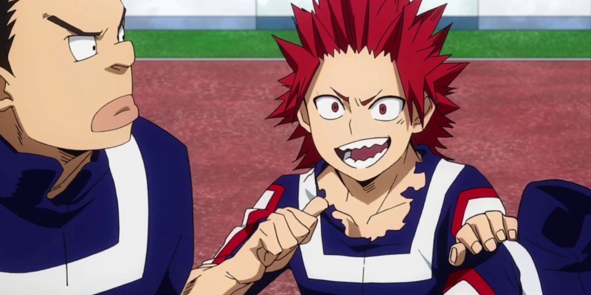 Kirshima from My Hero Academia pointing to himself as another U.A. student watches