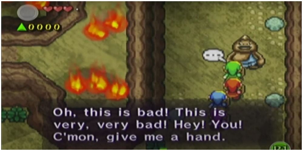 A screenshot of one of the Gorons in Four Swords Adventure asking for help from the Links.