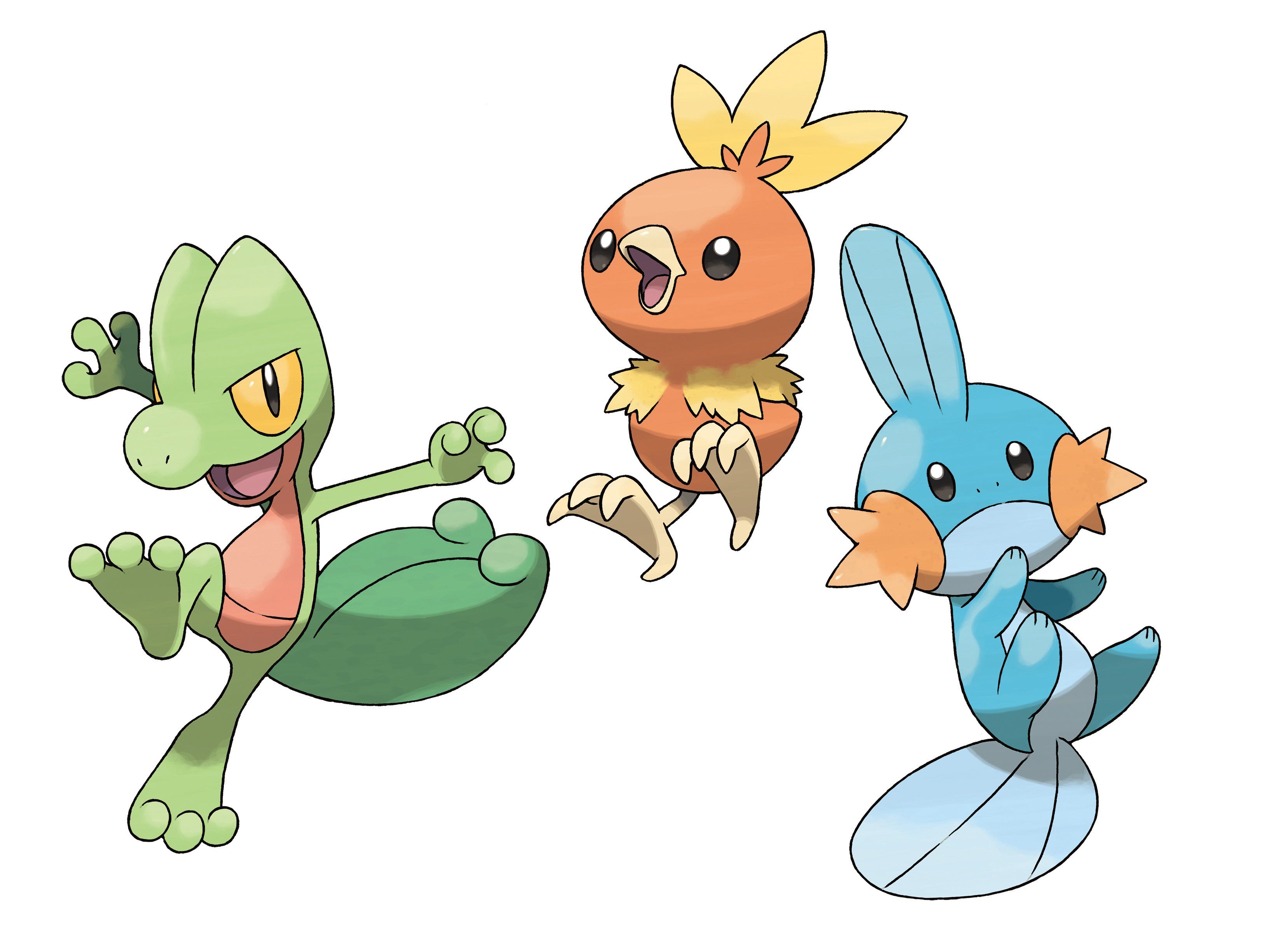 Treecko, Torchic, and Mudkip, the Generation III starters.