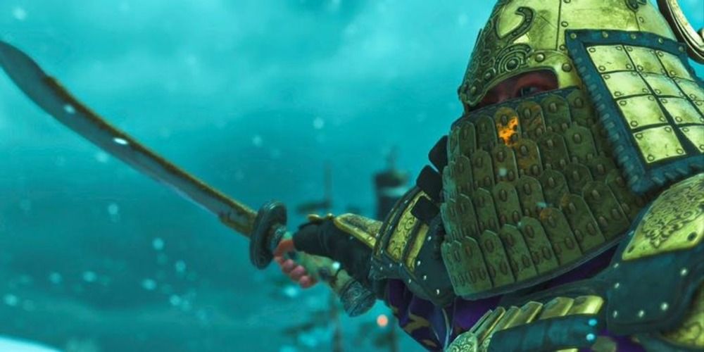 Cutscene from Ghost of Tsushima before a duel with a Mongol General