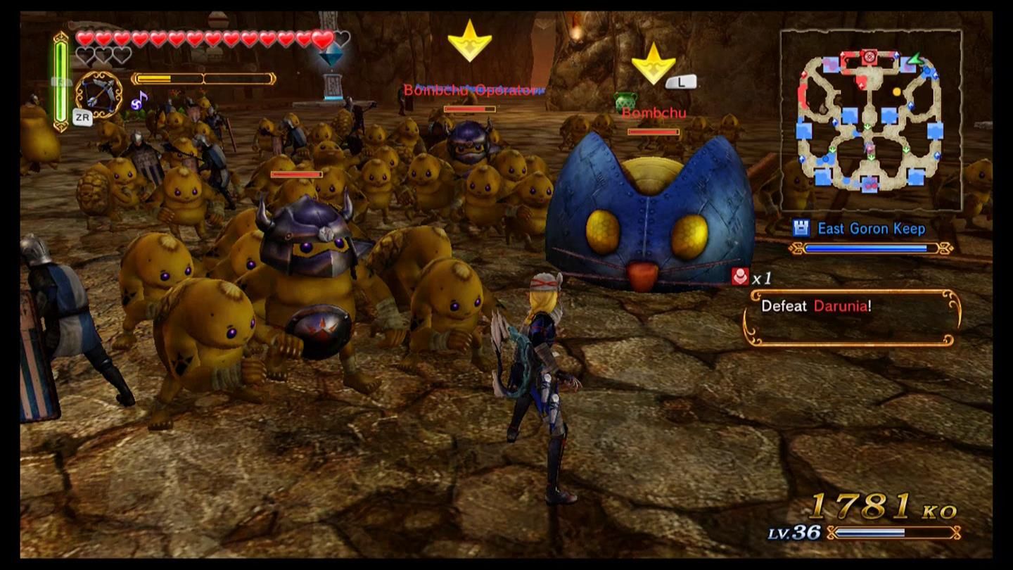 An army of Goron soldiers supporting Link in a level of Hyrule Warriors.