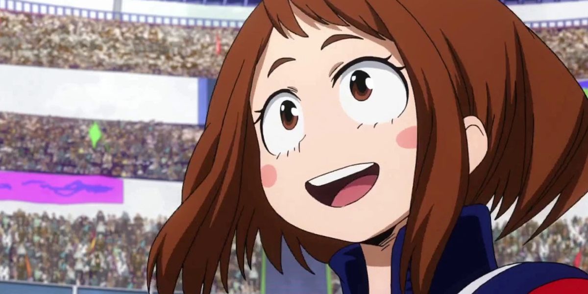Ochaco Uraraka from the anime series My Hero Academia smiling with a crowd behind her