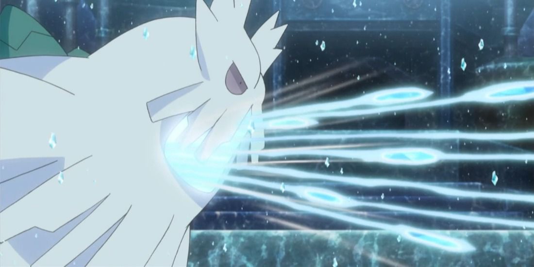 Abomasnow hurls a flurry of Ice Shards from its mouth in the Pokémon anime