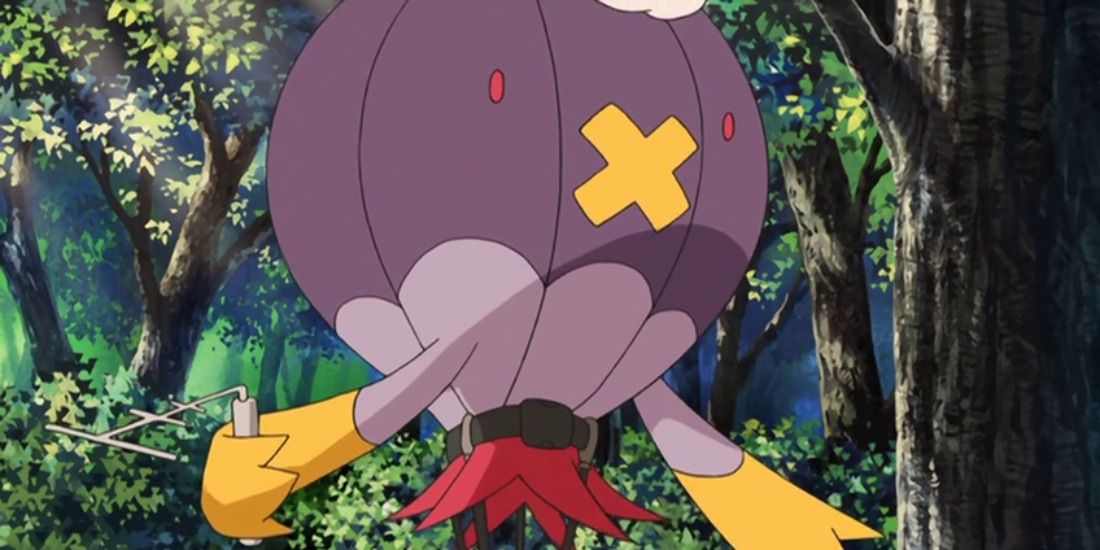 Drifblim floating through the forest slowly in the Pokémon anime