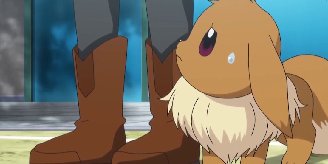 Eevee looks nervous and distressed towards its trainer in the Pokémon anime