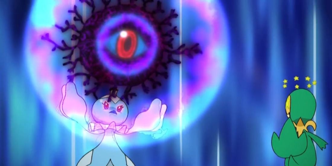 Frillish uses Hex against a confused Snivy in the Pokémon anime