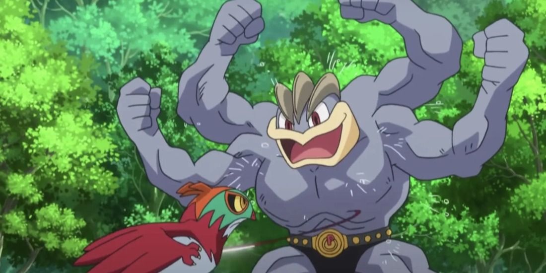 A Hawlucha makes weak attacks to the stomach of a Machamp in the Pokémon anime
