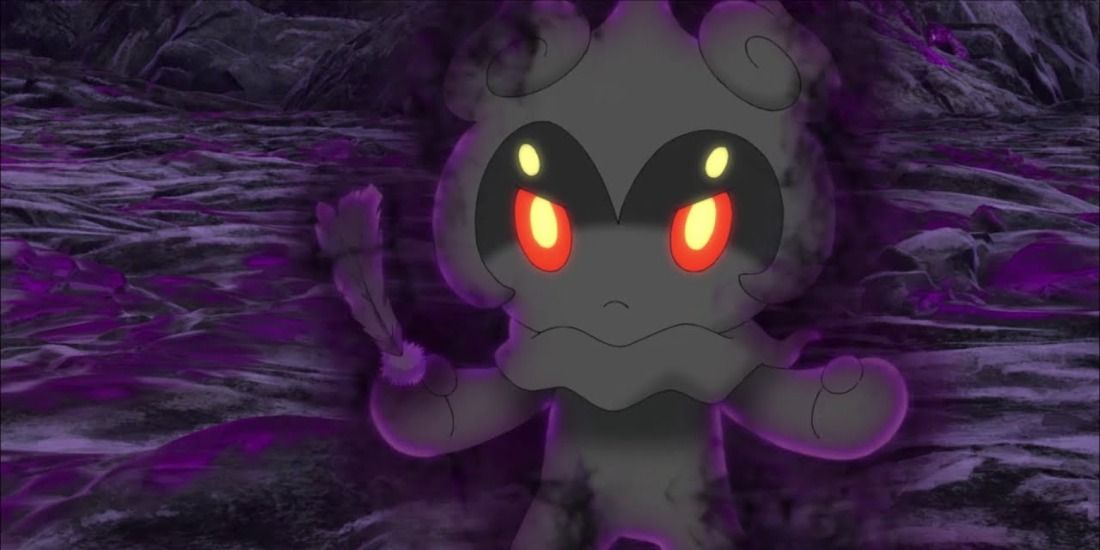 Marshadow glows with an ominous and deadly aura in the Pokémon anime