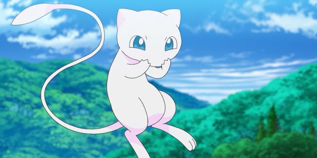 Mew laughs at trainers and Pokémon from above a forest in the anime
