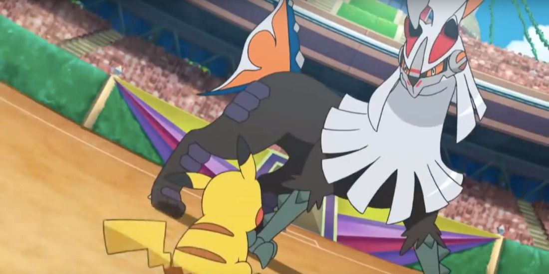 Silvally staring down Pikachu in the Pokémon Sun & Moon anime