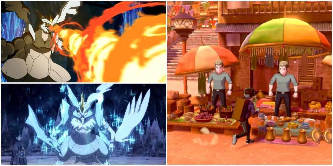 A Kyurem-fused Reshiram and Zekrom using attacks in the Pokémon anime, and a salesman from Stow-On-Side