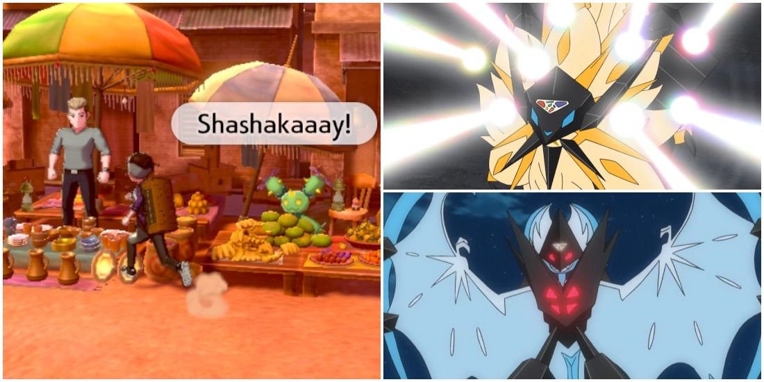 A salesman from Stow-On-Side, and a Necrozma-fused Solgaleo and Lunala from the Pokémon anime