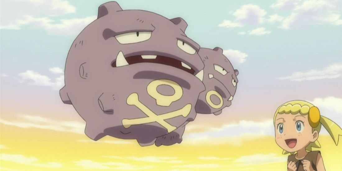 A child looks in amazement at a Weezing floating behind the sunset in the Pokémon anime