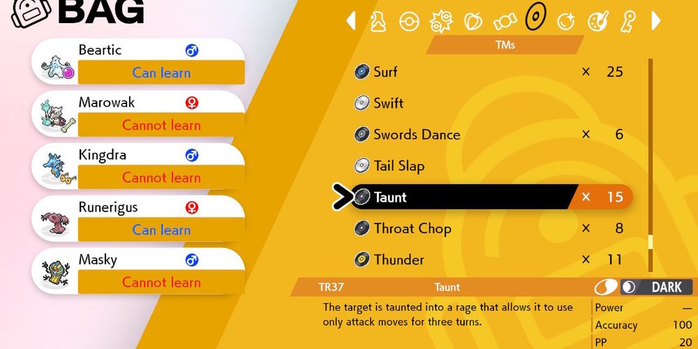 Attempting to teach Pokemon Taunt in Pokemon Shield